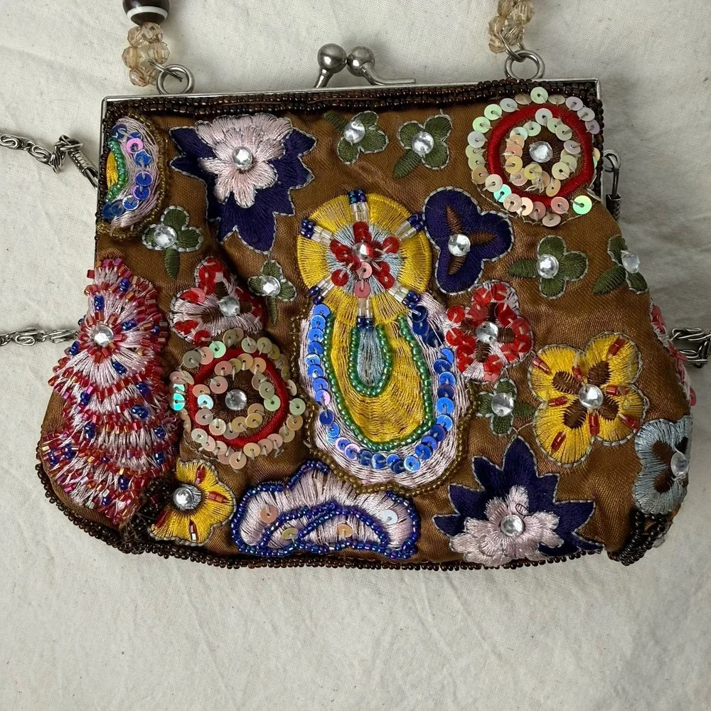 Vtg Y2K Beaded Sequin Purse Evening Bag Top Handle Cross‎ Body Guess Collection